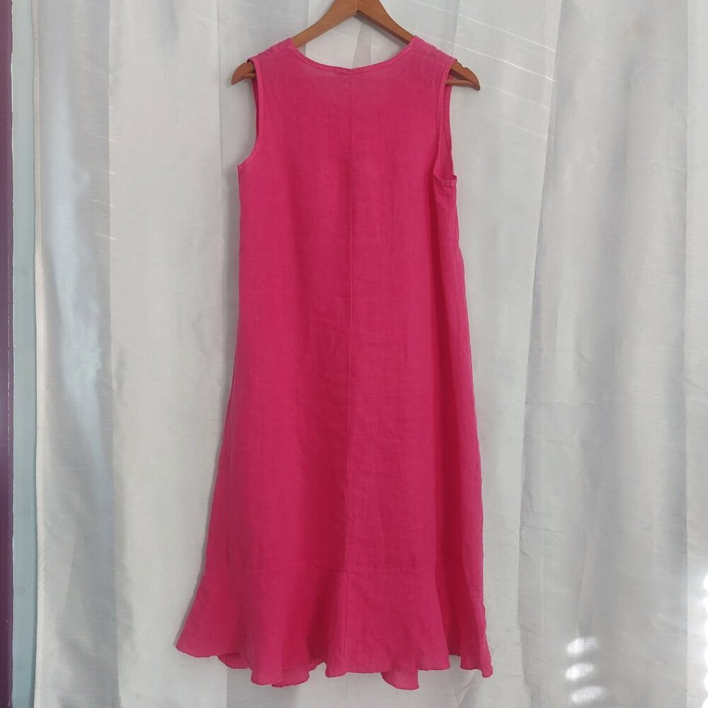Pink Italian Linen Shift Dress Small Midi Length Sleeveless Relaxed Fit V Neck - Picture 11 of 13